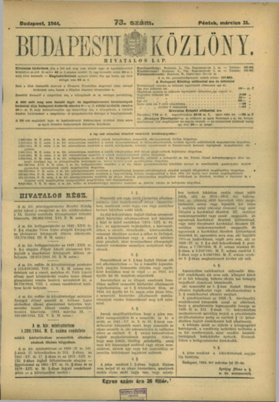 Budapesti Közlöny (The Official Gazette of Budapest), 31 March 1944