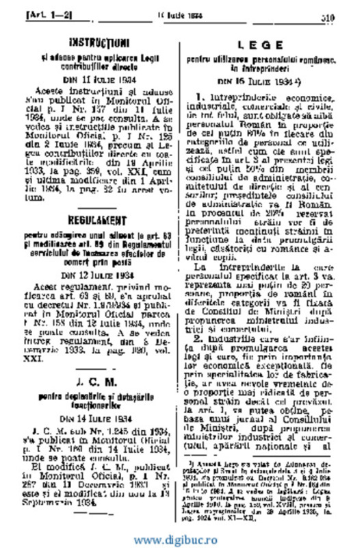 The law for the employment of Romanians in enterprises, The General Code of Romania, 16 July 1934