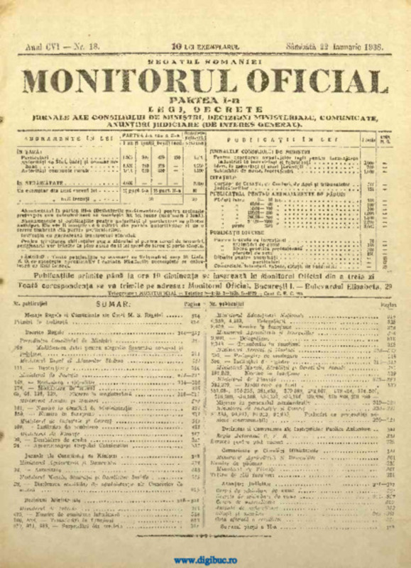 The law for the revision of citizenship, the Official Gazette of Romania, 22 January 1938